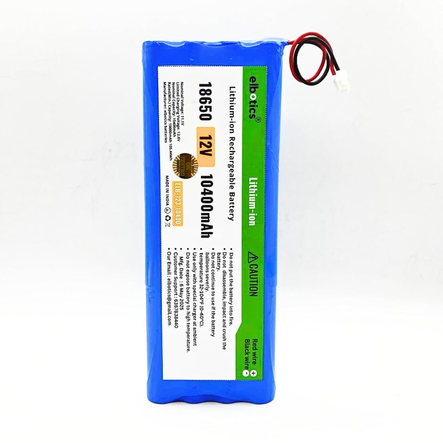 ELBOTICS 12V 10400mAh 3S 18650 Lithium-ion Rechargeable Battery Pack for DIY Projects, Robotics, RC Cars, LED Lights & Electronics