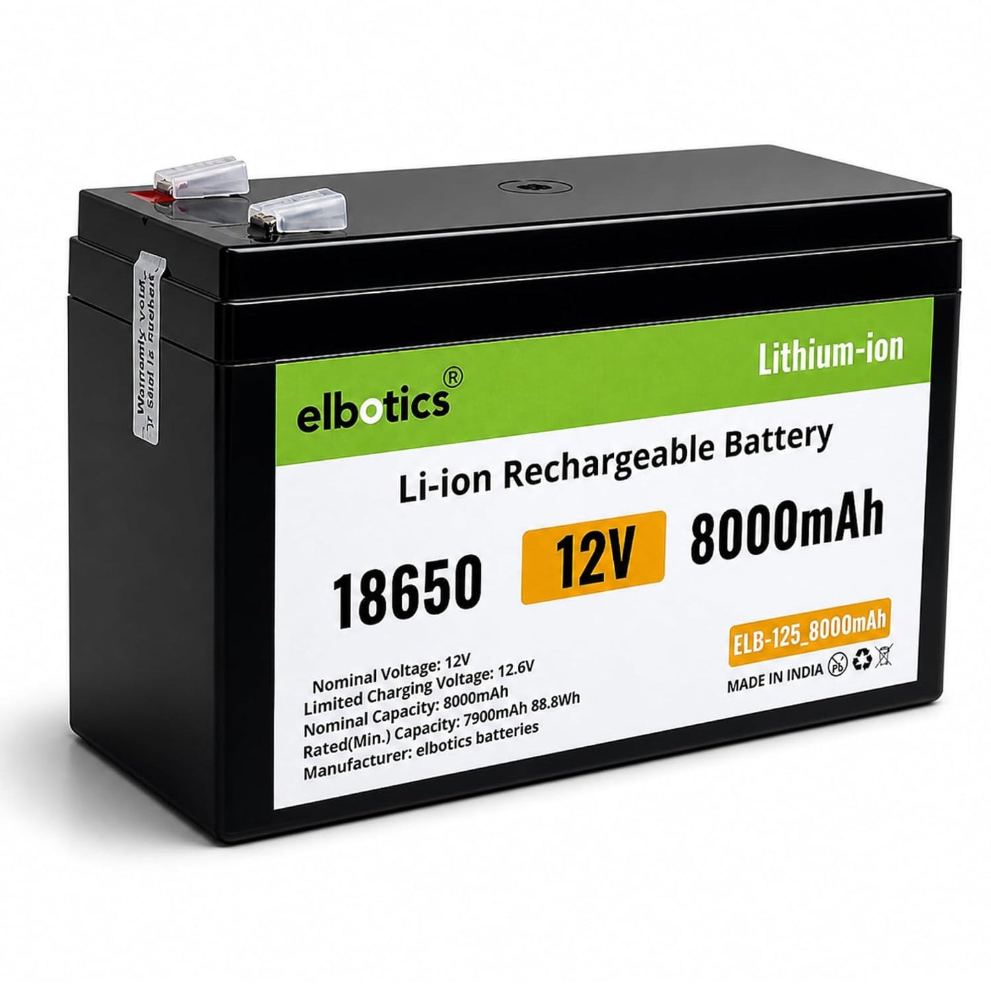 ELBOTICS 12V 8Ah NMC Rechargeable Lithium Battery with Smart BMS for Solar, Camping, RV, UPS & Lead-Acid Replacement