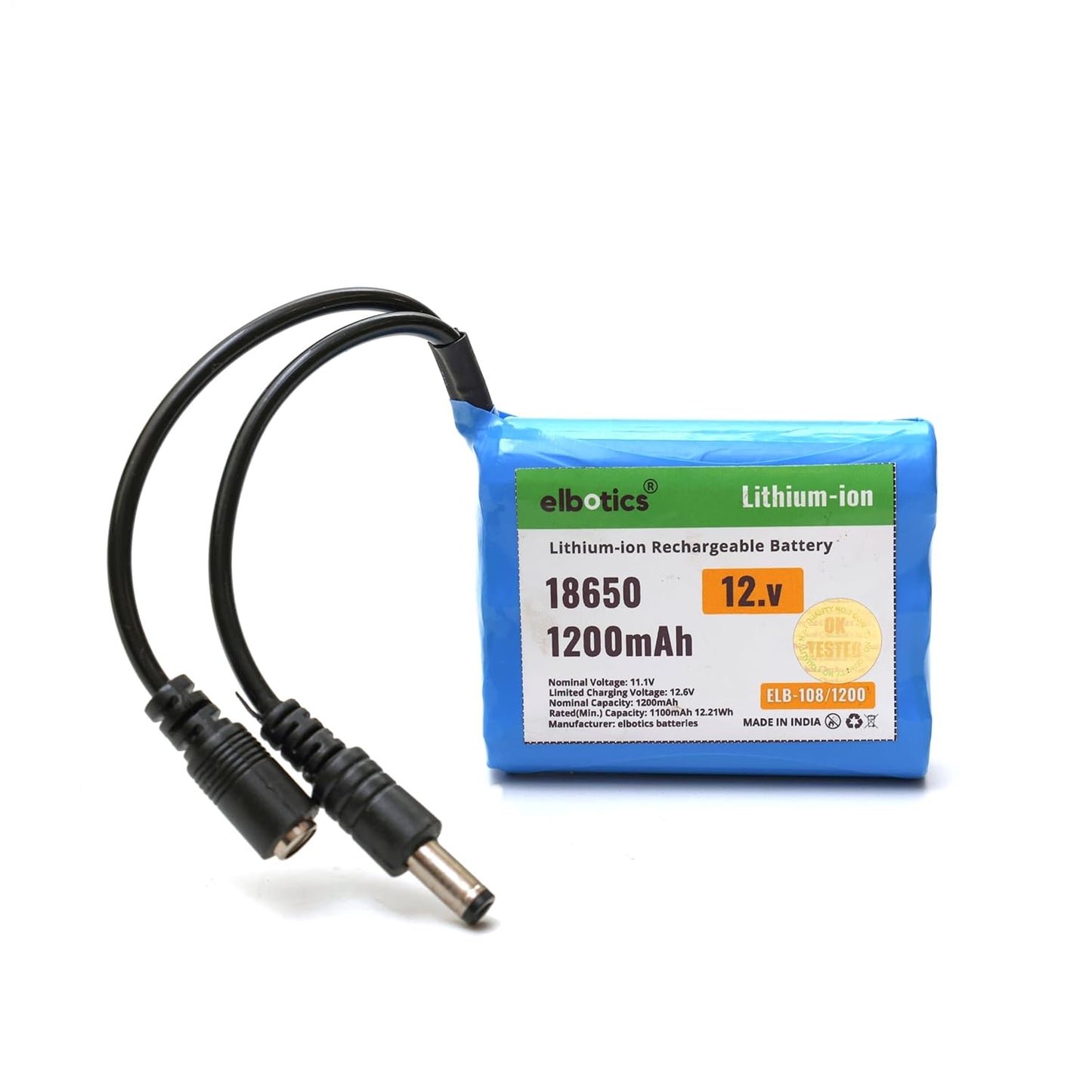 ELBOTICS 12V 1200mAh 3S 18650 Li-ion Rechargeable Battery Pack (11.1V–12.6V) for IoT Devices, Robotics, Bluetooth Speakers & DIY Electronics
