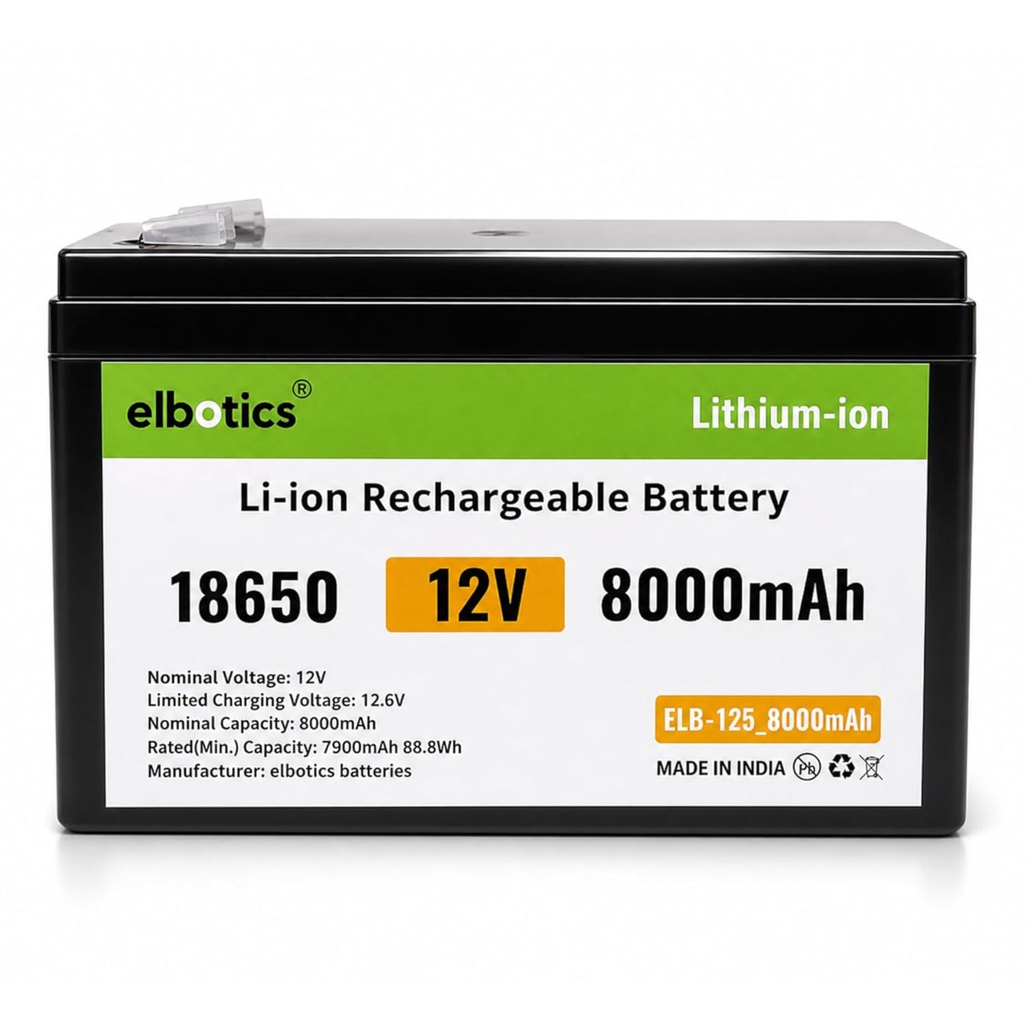 ELBOTICS 12V 8Ah NMC Rechargeable Lithium Battery with Smart BMS for Solar, Camping, RV, UPS & Lead-Acid Replacement