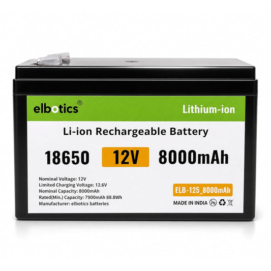 ELBOTICS 12V 8Ah NMC Rechargeable Lithium Battery with Smart BMS for Solar, Camping, RV, UPS & Lead-Acid Replacement