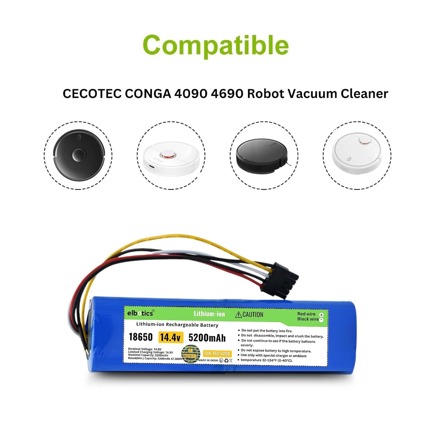 ELBOTICS 14.4V 5200mAh Li-ion Replacement Battery Compatible with Cecotec Conga 4090 4490 4590 4690 Robot Vacuum Cleaner