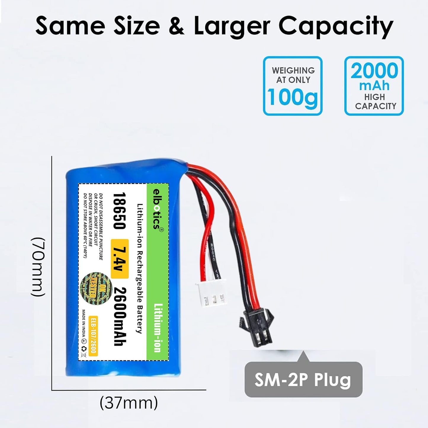 ELBOTICS 7.4V 2600mAh 15C Li-ion Rechargeable Battery with SM 2-Pin Plug for RC Cars, RC Boats, RC Trucks & RC Helicopters