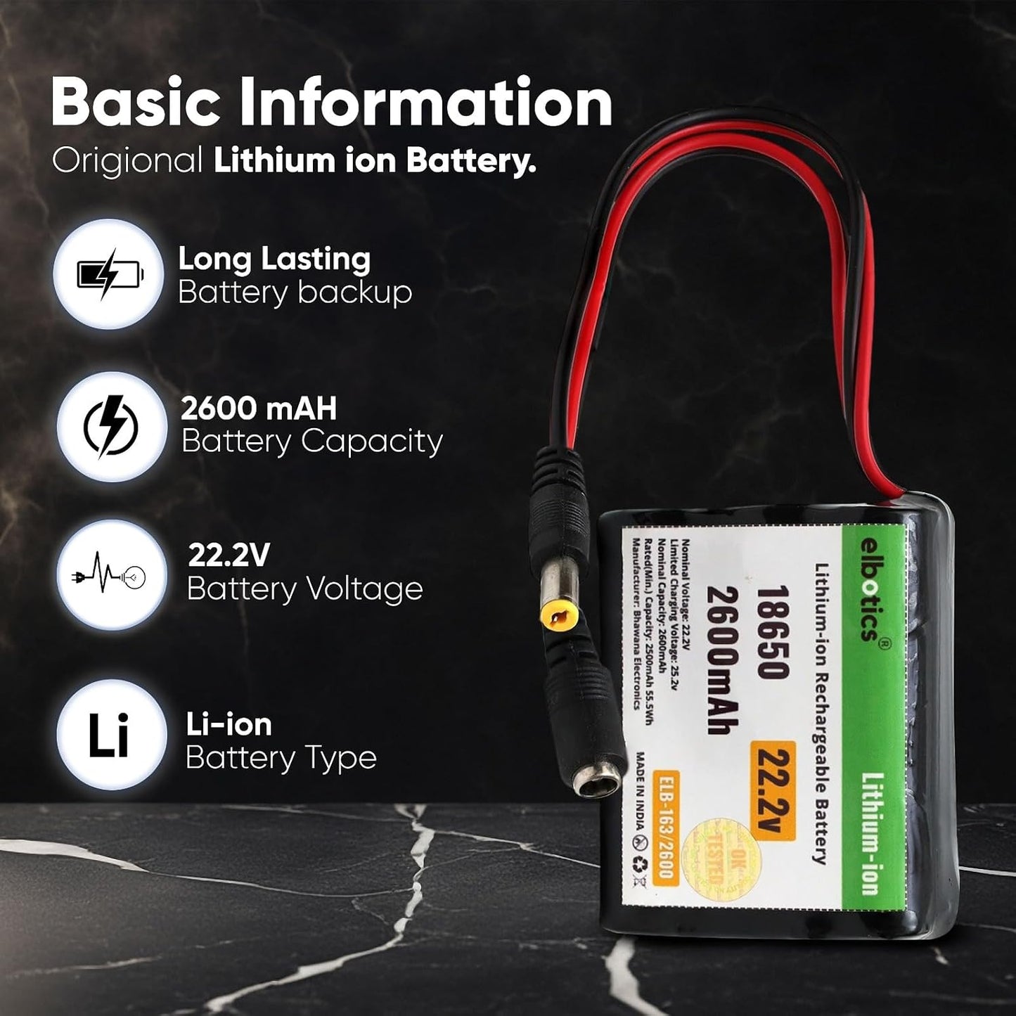 ELBOTICS 22.2V 2600mAh Li-ion Rechargeable Battery Pack, 25.2V Full Charge, 18650 Battery with DC5521 Connector for Robotics, RC Cars, LED Strips, CCTV & DIY Electronics