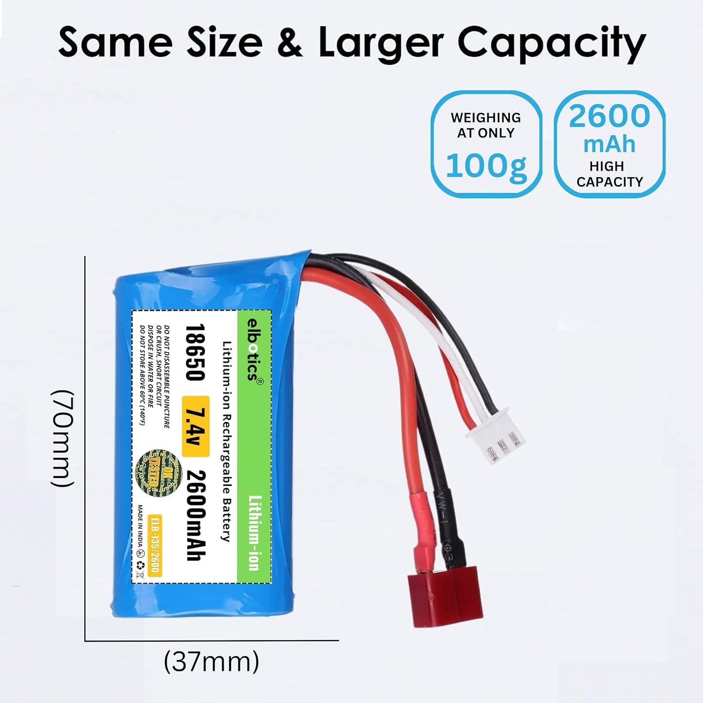 ELBOTICS 7.4V 2600mAh Li-ion Rechargeable Battery 2S 15C with T Plug & JST-XH 3 Pin Connector for RC Cars, RC Boats & RC Toys