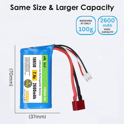ELBOTICS 7.4V 2600mAh Li-ion Rechargeable Battery 2S 15C with T Plug & JST-XH 3 Pin Connector for RC Cars, RC Boats & RC Toys