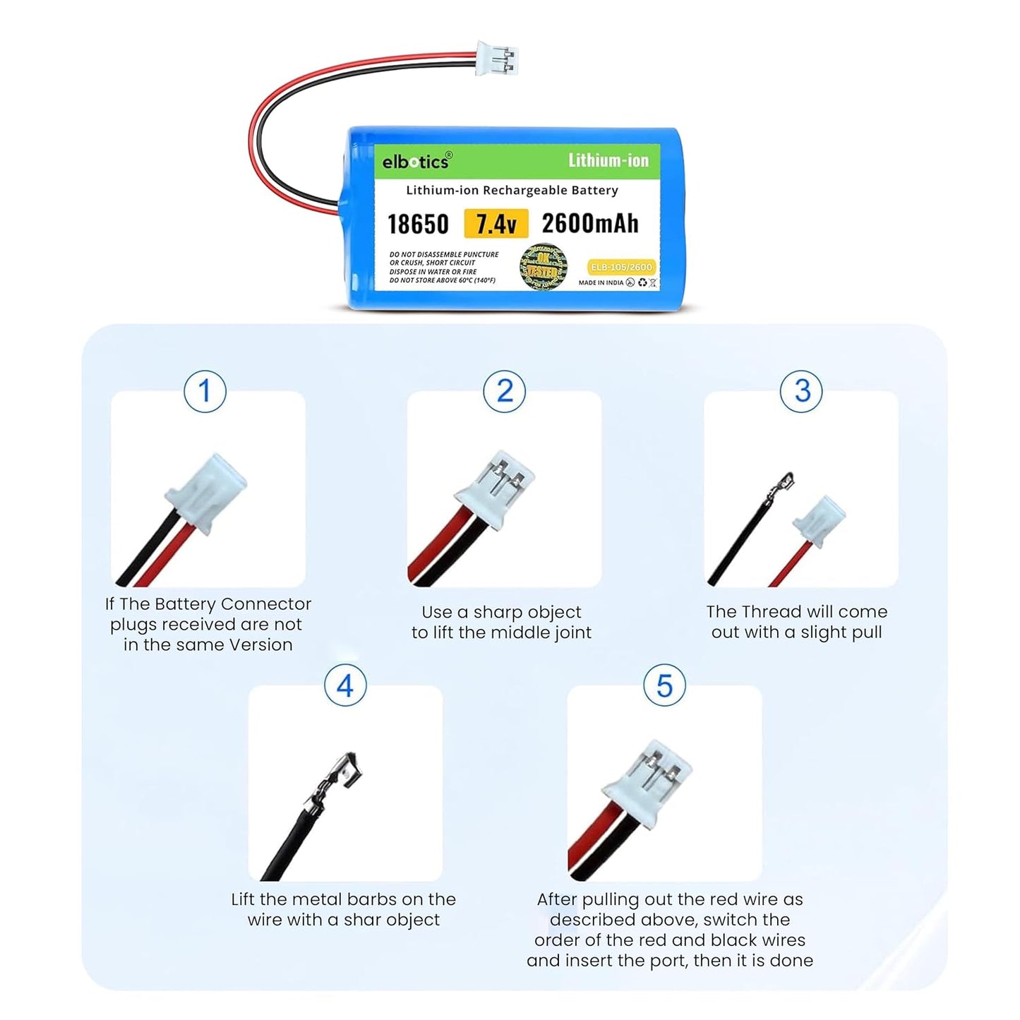 ELBOTICS 7.4V 2600mAh Li-ion Rechargeable Battery Pack with JST PH2.0 2-Pin Connector for RC Cars, RC Boats, RC Helicopters, Toys & Electronics