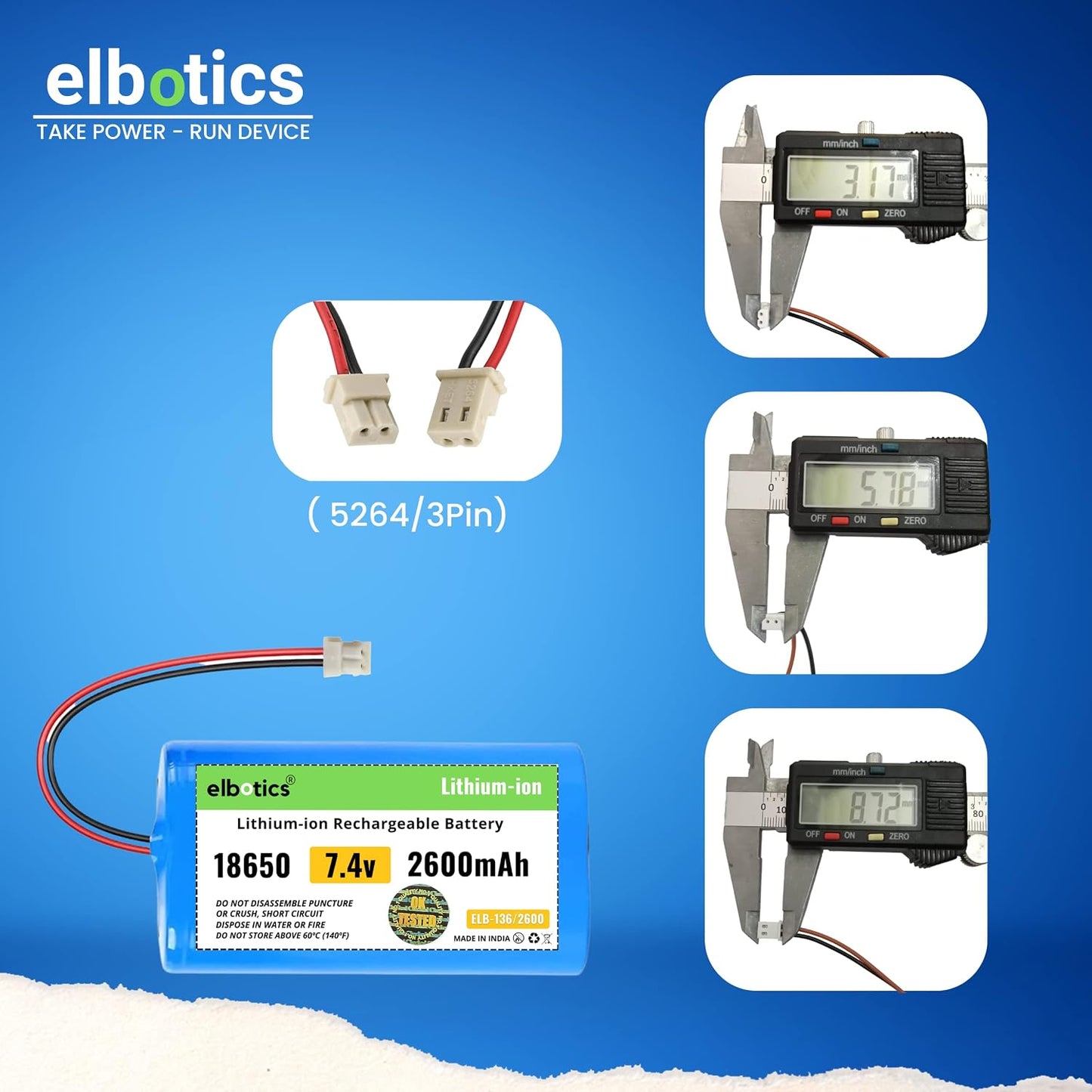 ELBOTICS 7.4V 2600mAh Li-ion Rechargeable Battery with 5264 2-Pin Connector for WEP BP-2100 Billing Printer, Bluetooth Speaker, Solar Light & Compatible Devices