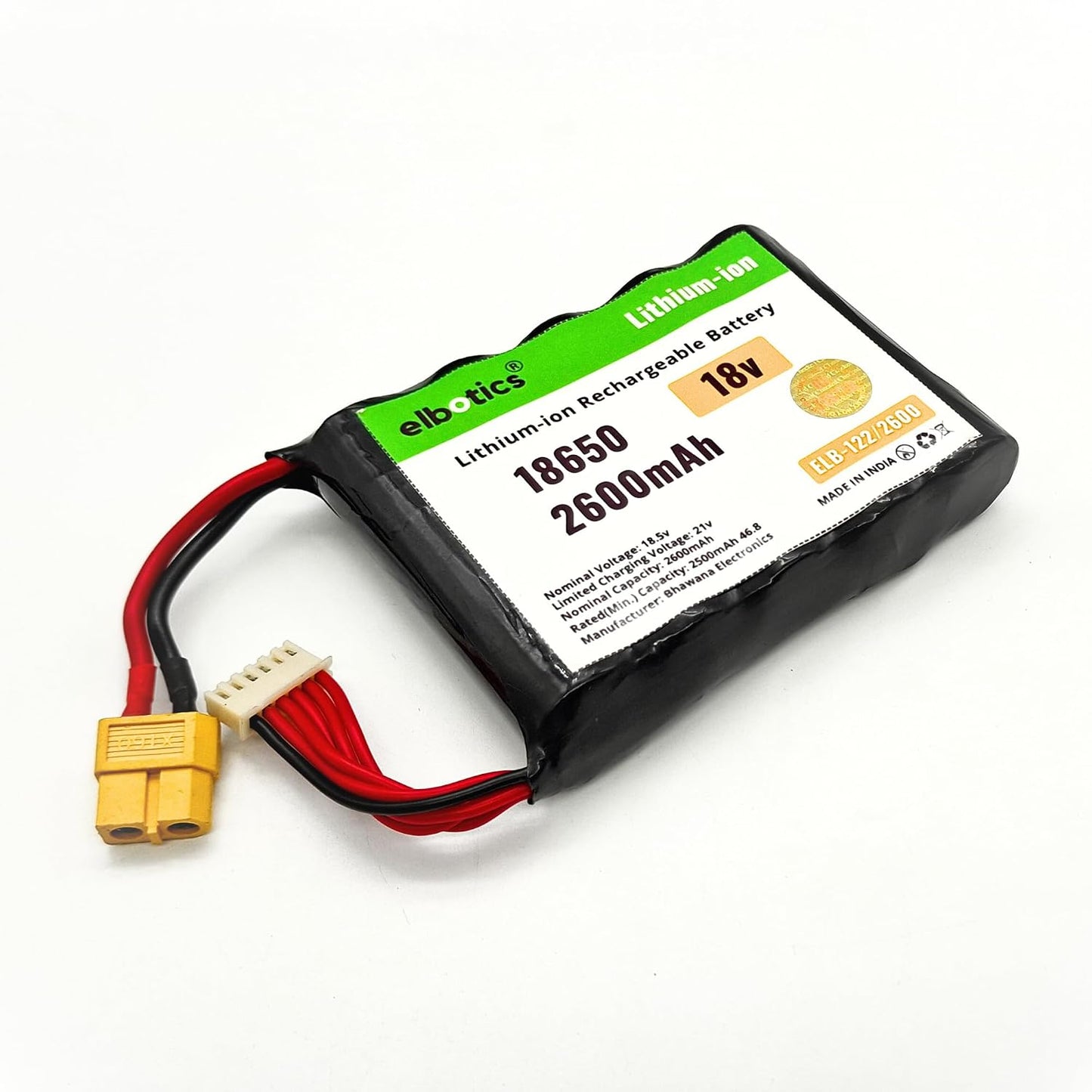 ELBOTICS 18V 2600mAh Lithium-ion Rechargeable Battery Pack with XT60 Connector & BMS for Power Tools, E-Bikes, DIY Robotics & RC Cars