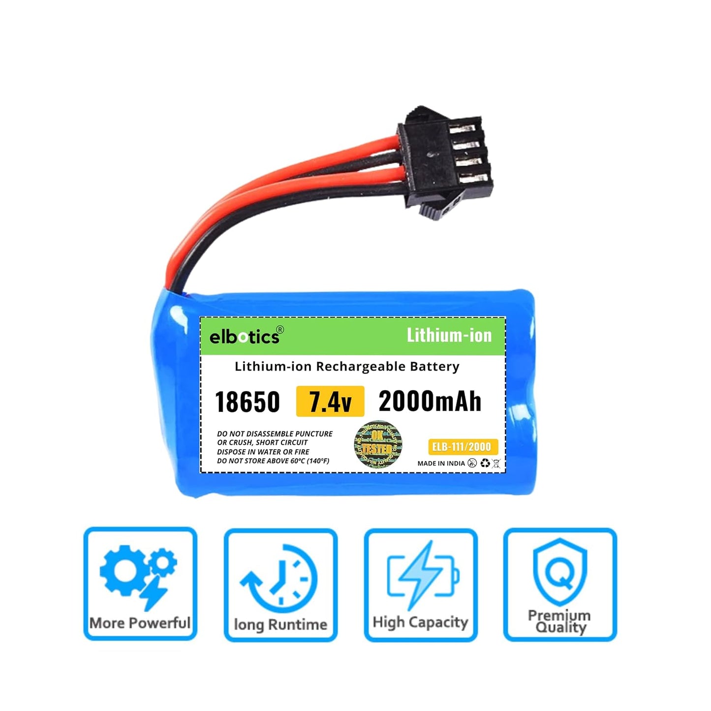 ELBOTICS 7.4V 2000mAh Rechargeable Li-ion RC Battery with SM-4P Plug & USB Charger for Huanqi 961, 962, UDI902, UDI002 RC Boat, Car & Toys