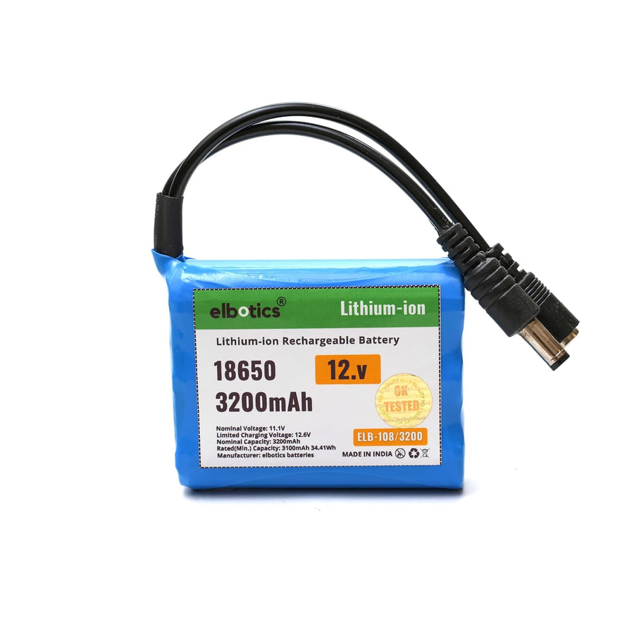 ELBOTICS 12V 3200mAh 3S 18650 Li-ion Rechargeable Battery Pack (11.1V–12.6V) for IoT Devices, Robotics, Bluetooth Speakers & DIY Electronics