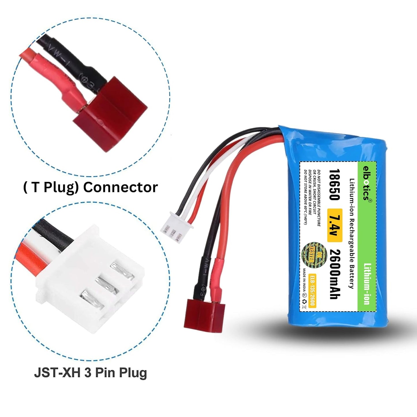 ELBOTICS 7.4V 2600mAh Li-ion Rechargeable Battery 2S 15C with T Plug & JST-XH 3 Pin Connector for RC Cars, RC Boats & RC Toys