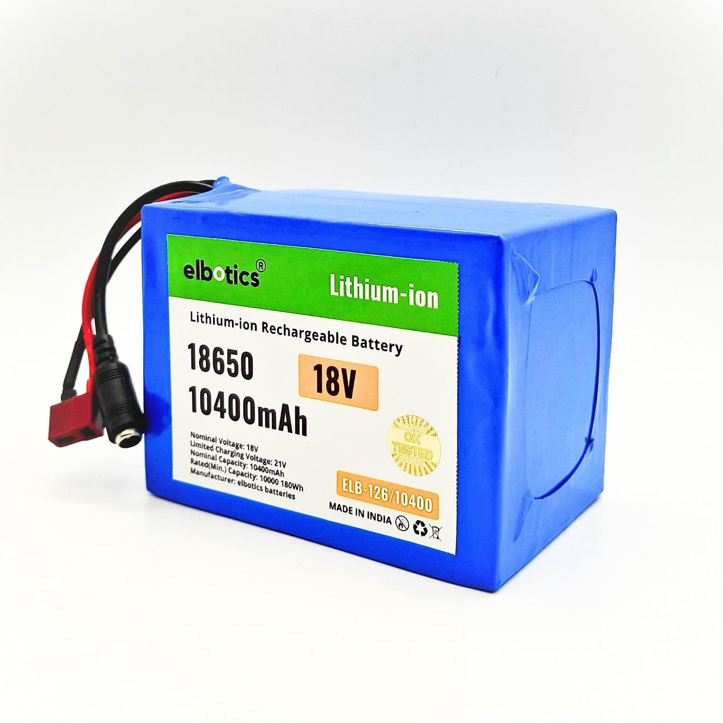 ELBOTICS 18V 10400mAh Lithium-ion Rechargeable Battery Pack with BMS for Robotics, DIY Projects, Power Tools, E-Bikes & Portable Electronics