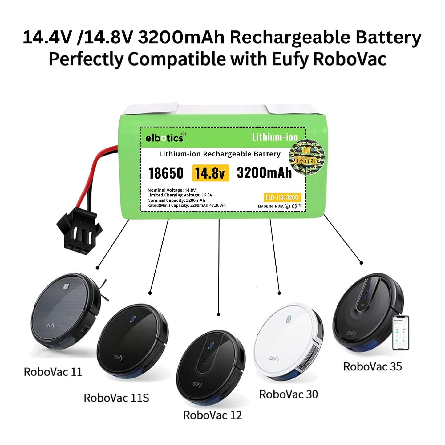 ELBOTICS 14.8V 3200mAh Li-ion Replacement Battery for Eufy RoboVac, Ecovacs Deebot, Coredy, Goovi & Amarey Robot Vacuum Cleaners