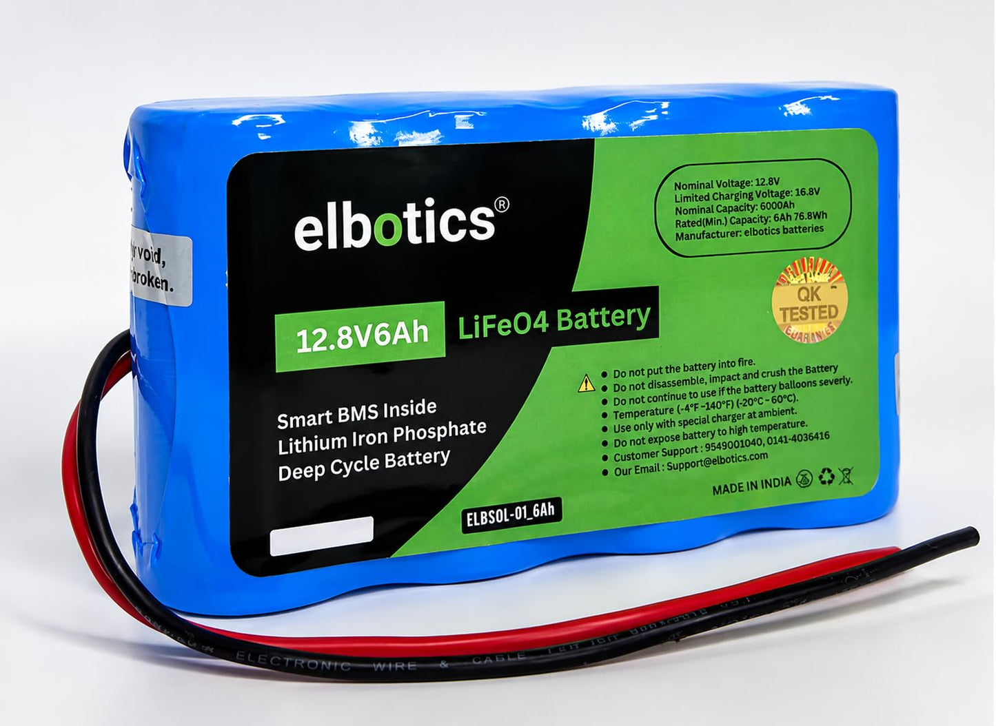 ELBOTICS 12.8V 6Ah LiFePO4 Battery with Smart BMS – 76.8Wh Deep Cycle Lithium Battery for Solar, Inverter, Backup & DIY Projects (2 Year Warranty)