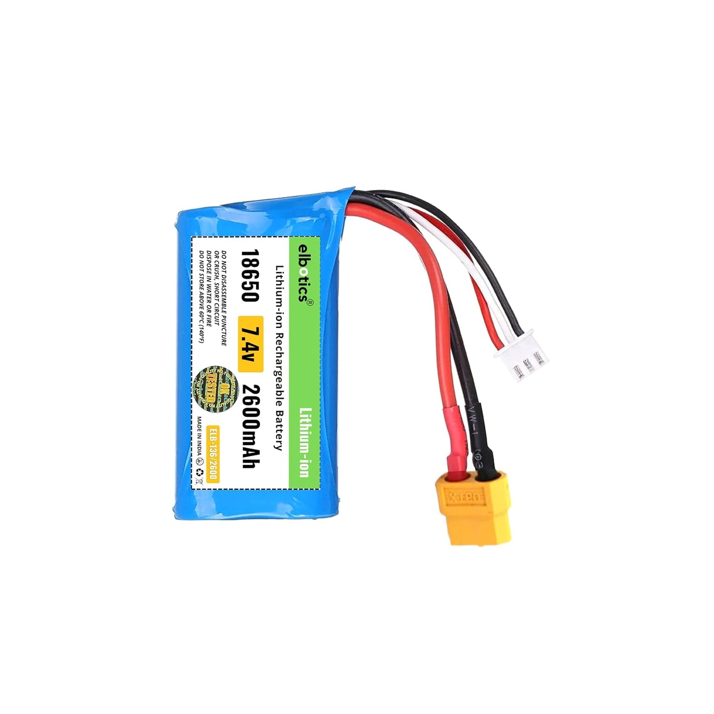 ELBOTICS 7.4V 2600mAh 2S 15C Li-ion Rechargeable Battery with XT60 Plug for RC Cars, RC Boats, RC Trucks & RC Vehicles
