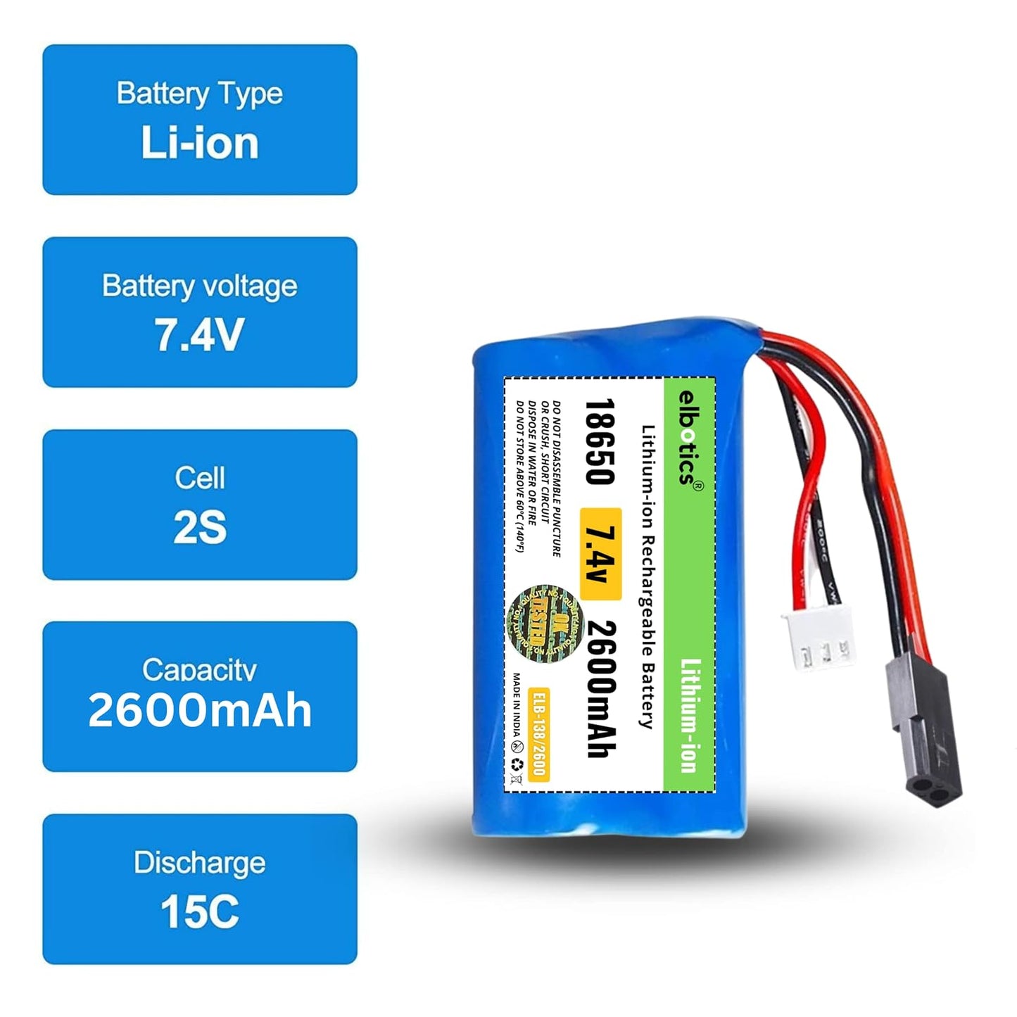 ELBOTICS 7.4V 2600mAh 2S 15C Li-ion Rechargeable Battery with 5500 Plug for RC Cars, RC Boats, RC Trucks & RC Vehicles