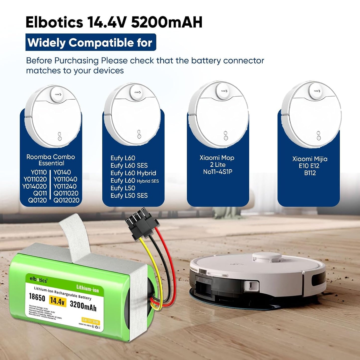 ELBOTICS 14.4V 3200mAh Li-ion Replacement Battery with 5-Pin Connector for Eufy L50, L60, L60 SES, L60 Hybrid, Roomba Combo & Vac Essential Robot Vacuum