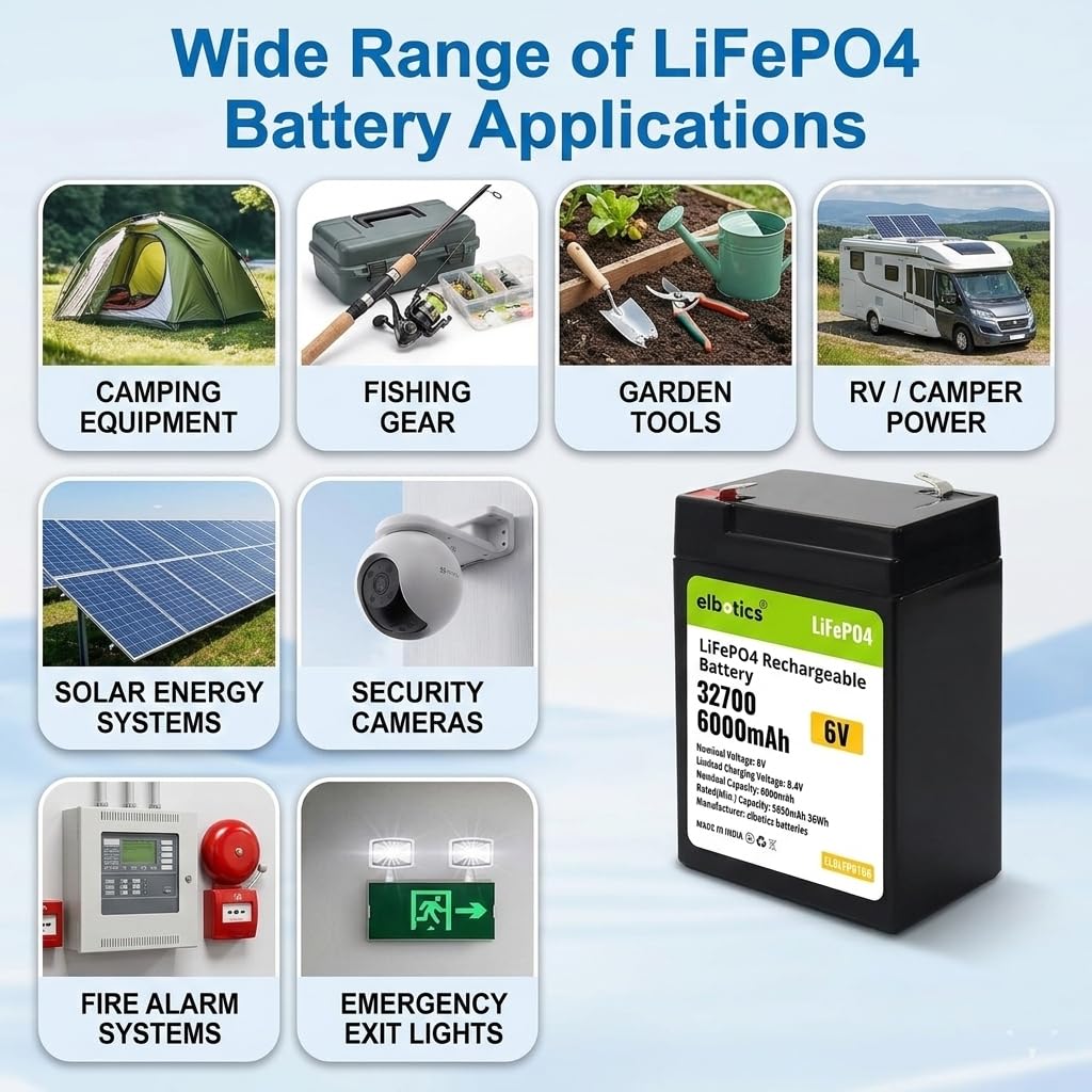 ELBOTICS 6.4V 6Ah LiFePO4 Rechargeable Battery with Smart BMS for Emergency Lighting, Toy Cars, Solar Panels, Camping & Fish Finders
