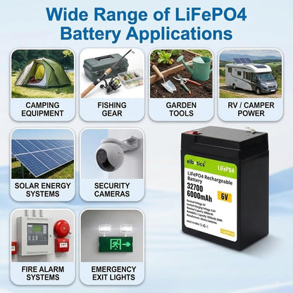 ELBOTICS 6.4V 6Ah LiFePO4 Rechargeable Battery with Smart BMS for Emergency Lighting, Toy Cars, Solar Panels, Camping & Fish Finders
