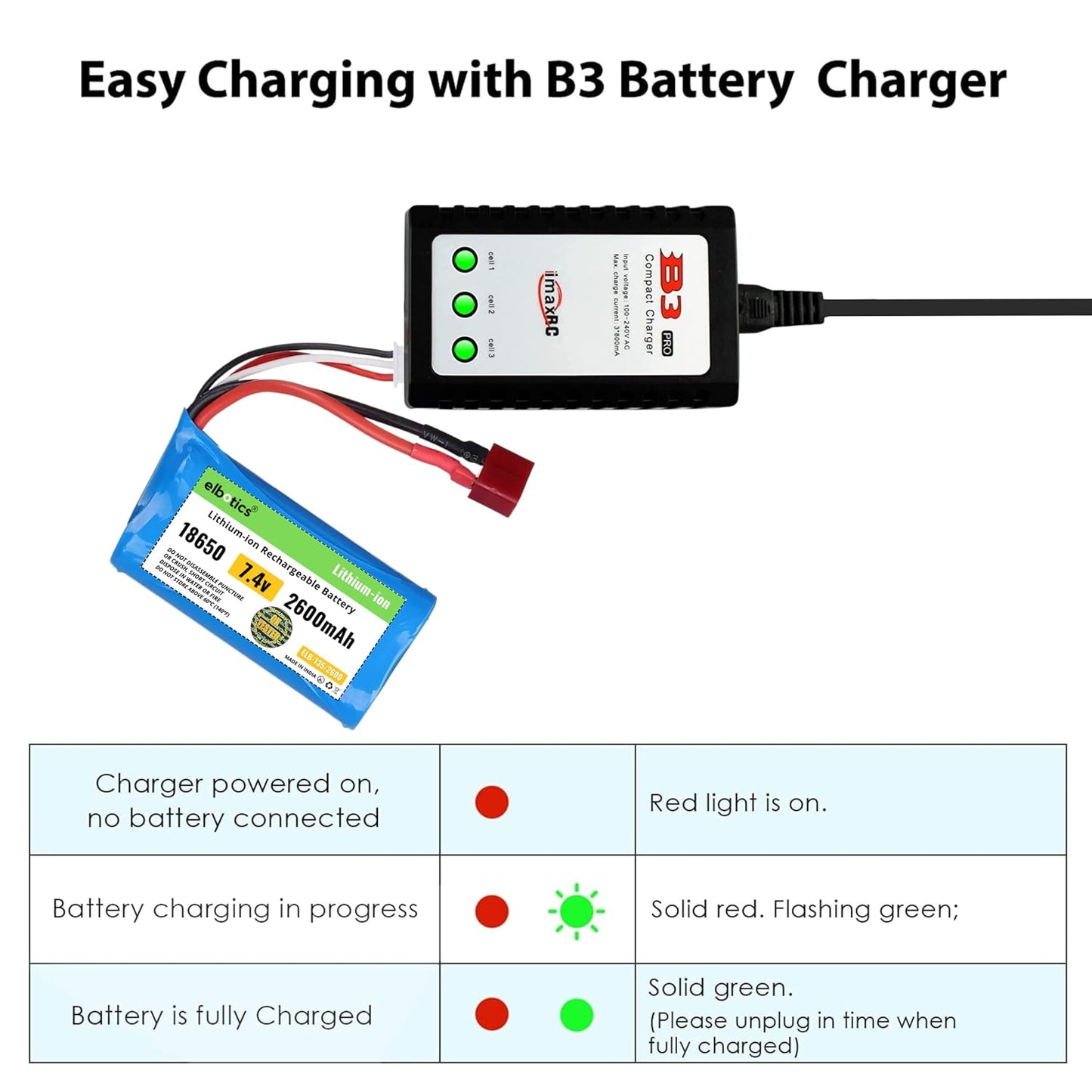 ELBOTICS 7.4V 2600mAh Li-ion Rechargeable Battery 2S 15C with T Plug & JST-XH 3 Pin Connector for RC Cars, RC Boats & RC Toys