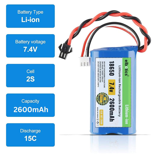 ELBOTICS 7.4V 2600mAh 1 to 15C Li-ion Rechargeable Battery with SM 2-Pin Plug for RC Cars, RC Boats, RC Trucks & RC Helicopters