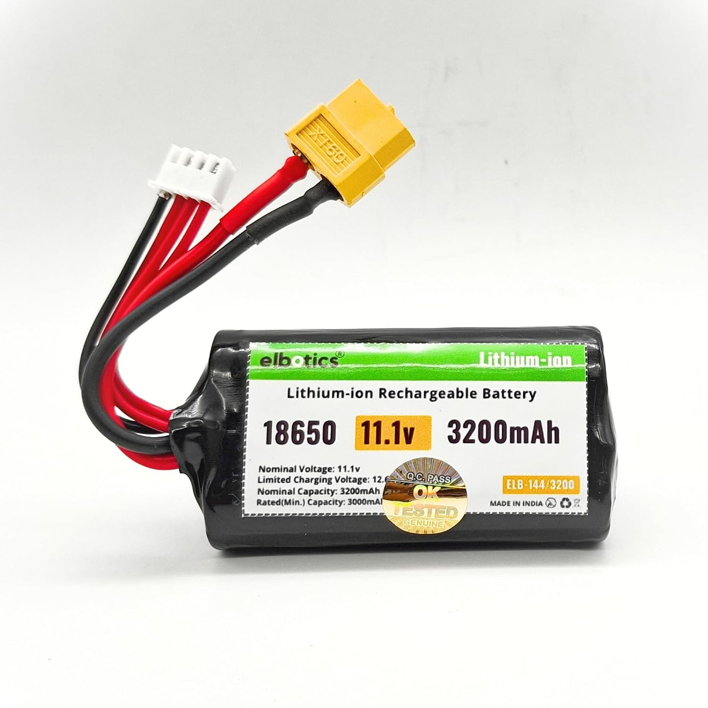 ELBOTICS 11.1V 3200mAh 3S Li-ion Rechargeable Battery Pack with XT60 Connector for RC Cars, Drones, Robots, Power Tools & DIY Projects