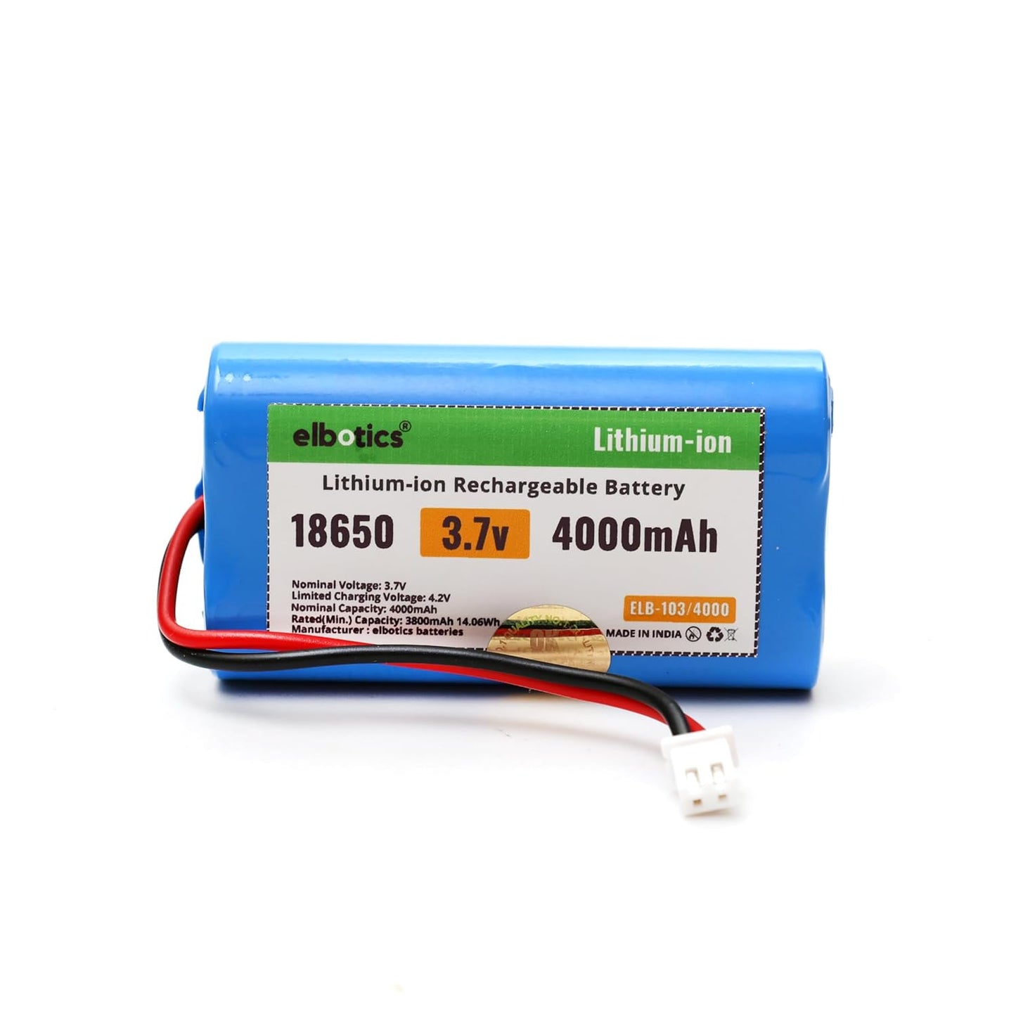 ELBOTICS 3.7V 4000mAh Rechargeable Li-ion Battery with JST XH2.54 2-Pin Connector for Bluetooth Speakers, LED Lights & DIY Electronic