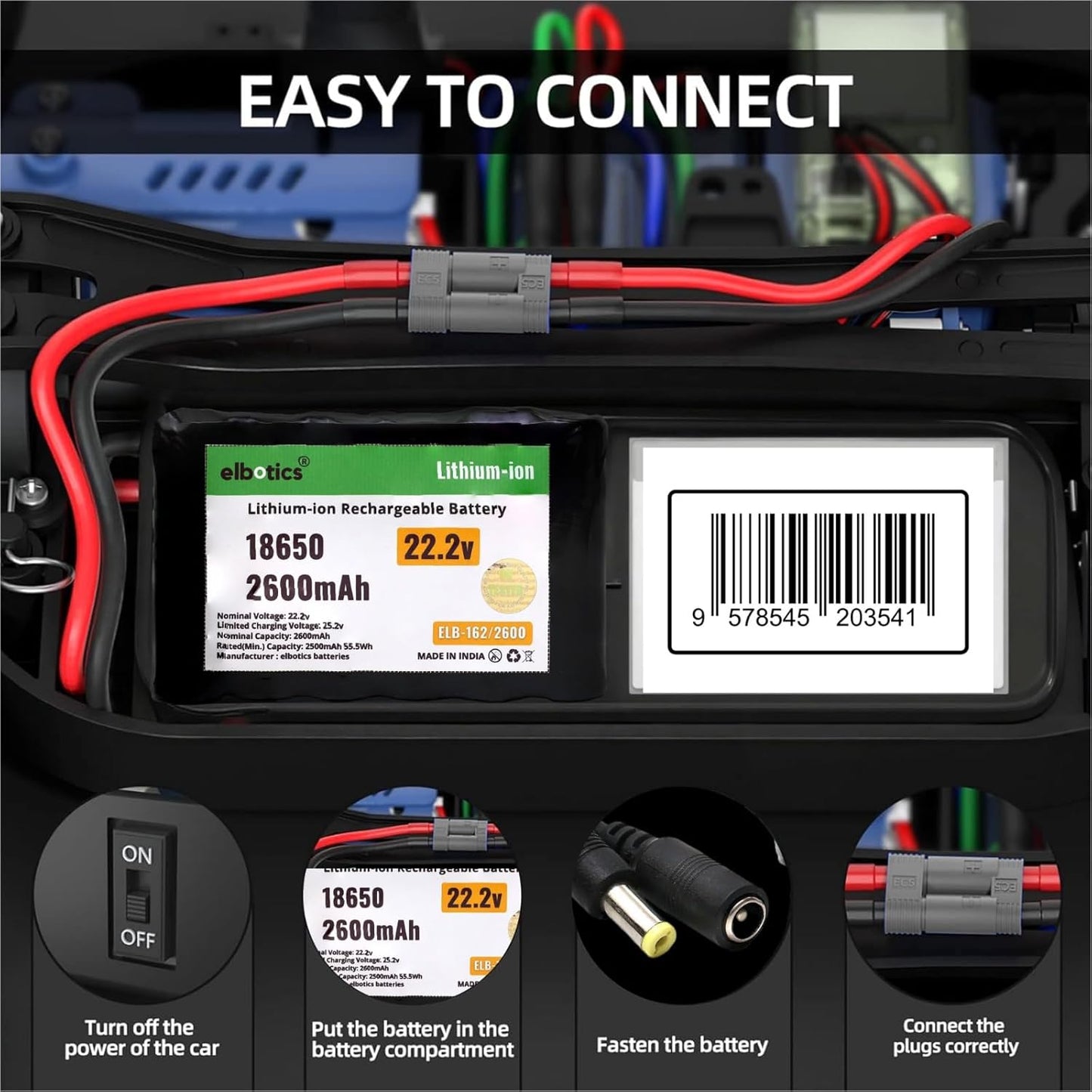 ELBOTICS 22.2V 2600mAh 18650 Li-ion Rechargeable Battery Pack, 6S 25.2V Full Charge with DC Connector for Robotics, Electronics, DIY Projects & Multi-Purpose Applications