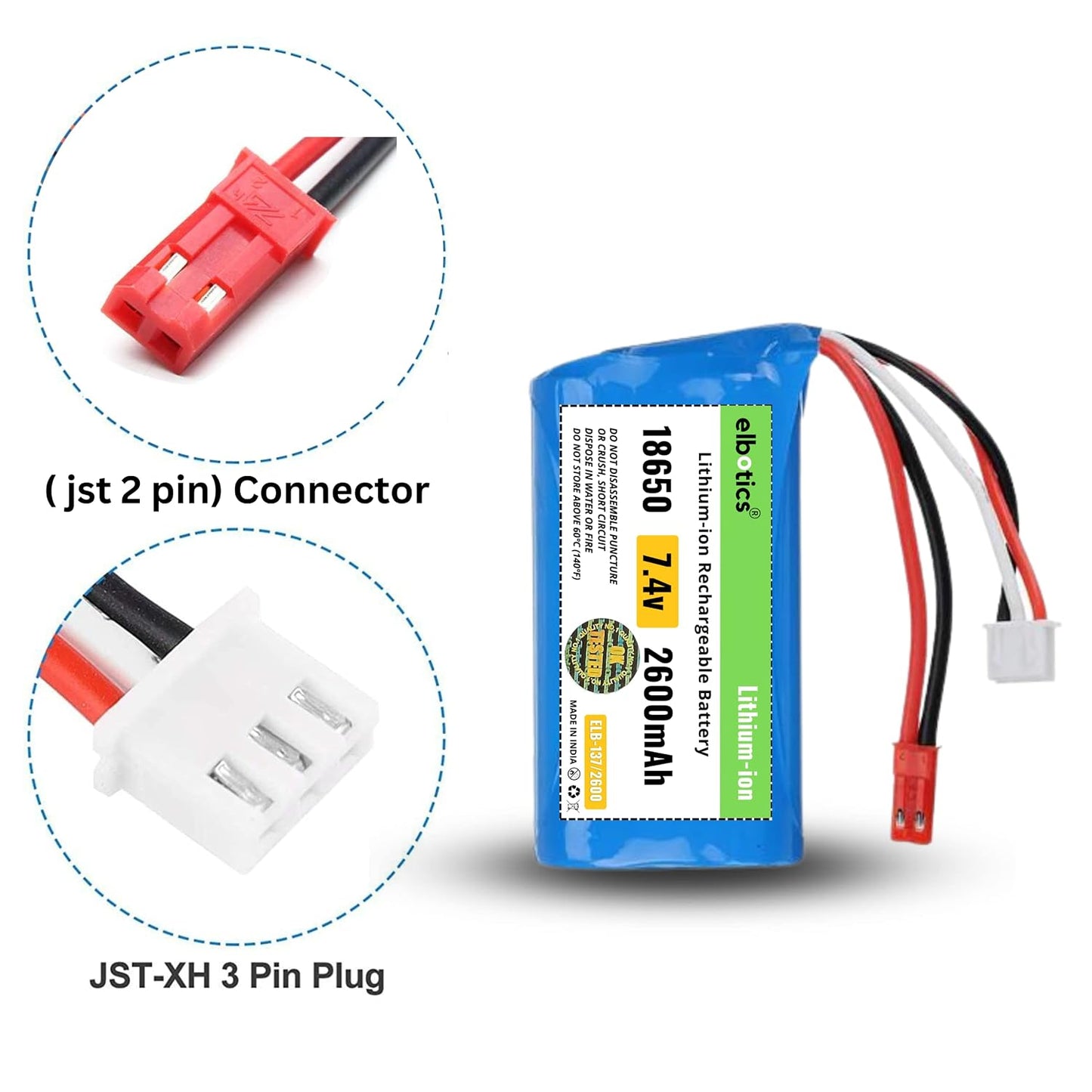 ELBOTICS 7.4V 2600mAh 2S 15C Li-ion Rechargeable Battery with JST Red Plug for RC Cars, RC Boats, RC Trucks & RC Helicopters