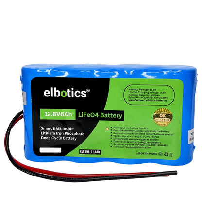 ELBOTICS 12.8V 6Ah LiFePO4 Battery with Smart BMS – 76.8Wh Deep Cycle Lithium Battery for Solar, Inverter, Backup & DIY Projects (2 Year Warranty)