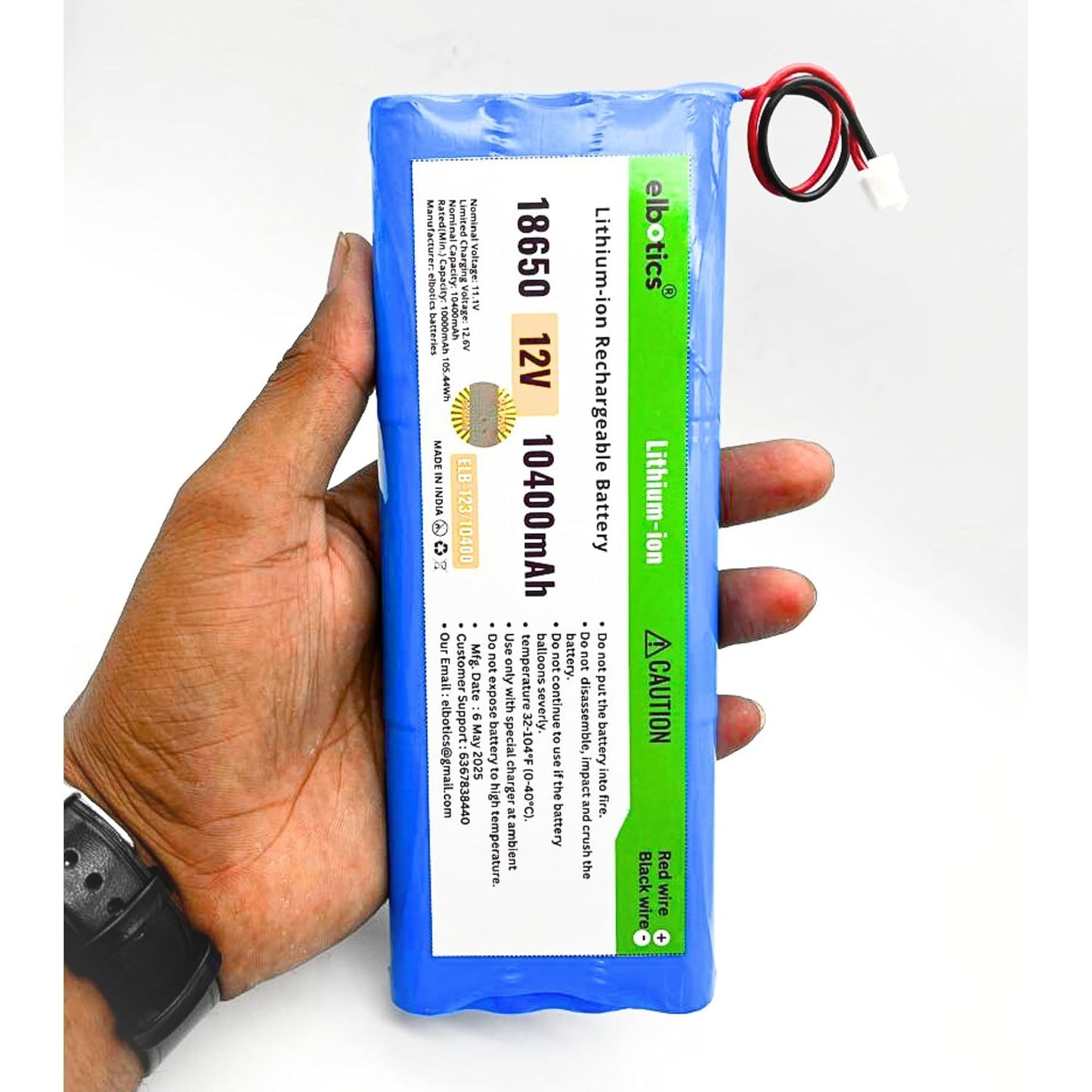 ELBOTICS 12V 10400mAh 3S 18650 Lithium-ion Rechargeable Battery Pack for DIY Projects, Robotics, RC Cars, LED Lights & Electronics
