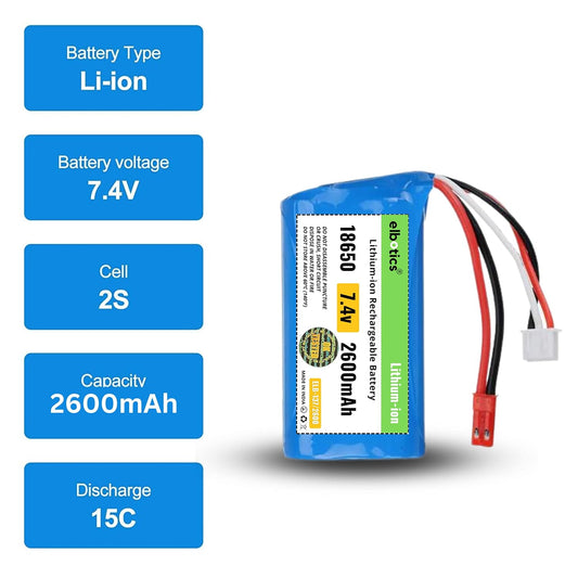 ELBOTICS 7.4V 2600mAh 2S 15C Li-ion Rechargeable Battery with JST Red Plug for RC Cars, RC Boats, RC Trucks & RC Helicopters