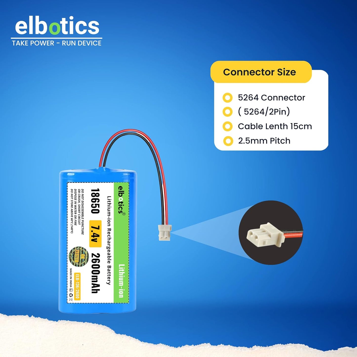 ELBOTICS 7.4V 2600mAh Li-ion Rechargeable Battery with 5264 2-Pin Connector for WEP BP-2100 Billing Printer, Bluetooth Speaker, Solar Light & Compatible Devices