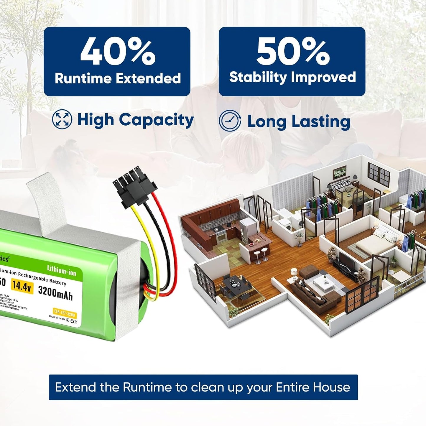 ELBOTICS 14.4V 3200mAh Li-ion Replacement Battery with 5-Pin Connector for Eufy L50, L60, L60 SES, L60 Hybrid, Roomba Combo & Vac Essential Robot Vacuum
