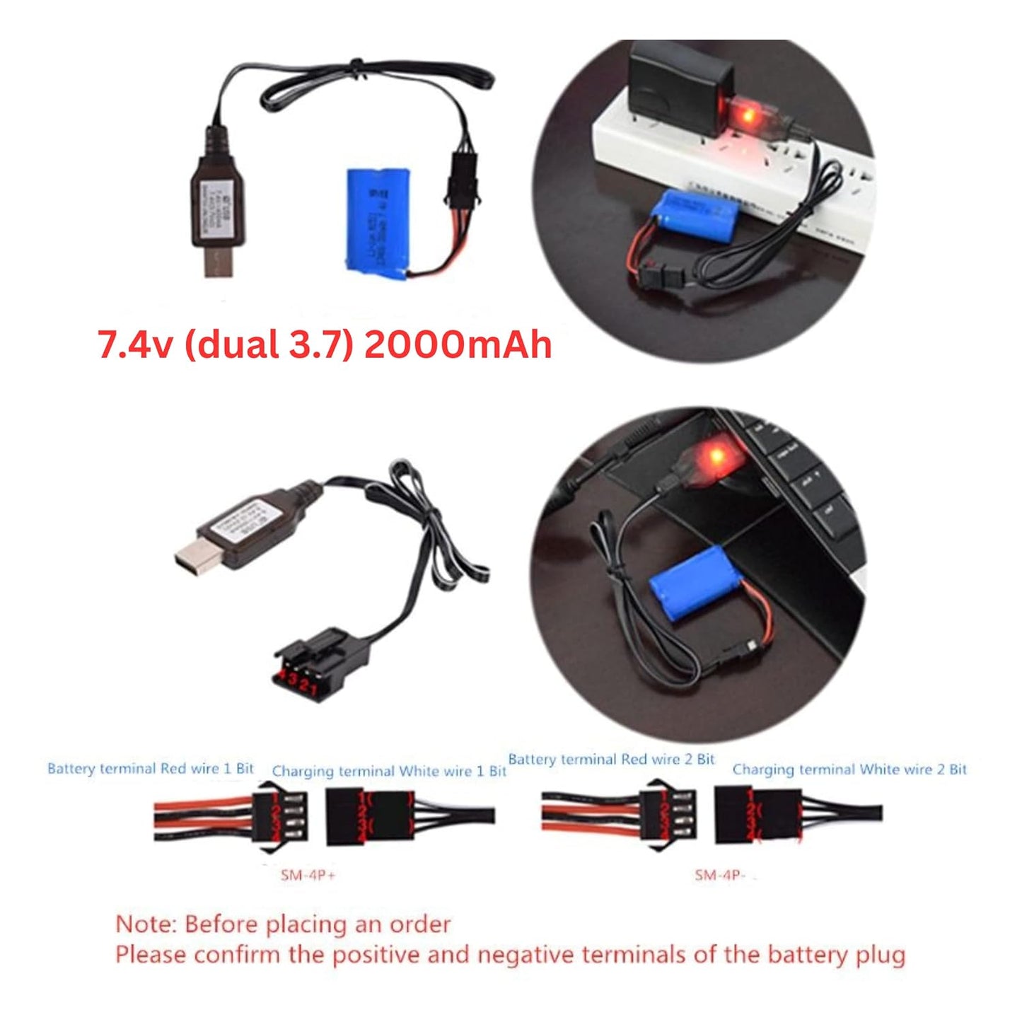 ELBOTICS 7.4V 2000mAh Rechargeable Li-ion RC Battery with SM-4P Plug & USB Charger for Huanqi 961, 962, UDI902, UDI002 RC Boat, Car & Toys