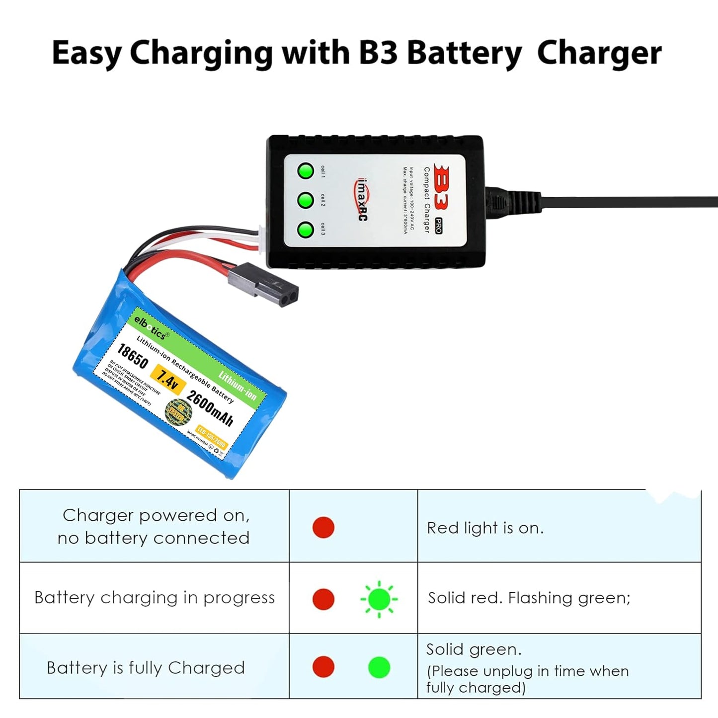 ELBOTICS 7.4V 2600mAh 2S 15C Li-ion Rechargeable Battery with 5500 Plug for RC Cars, RC Boats, RC Trucks & RC Vehicles