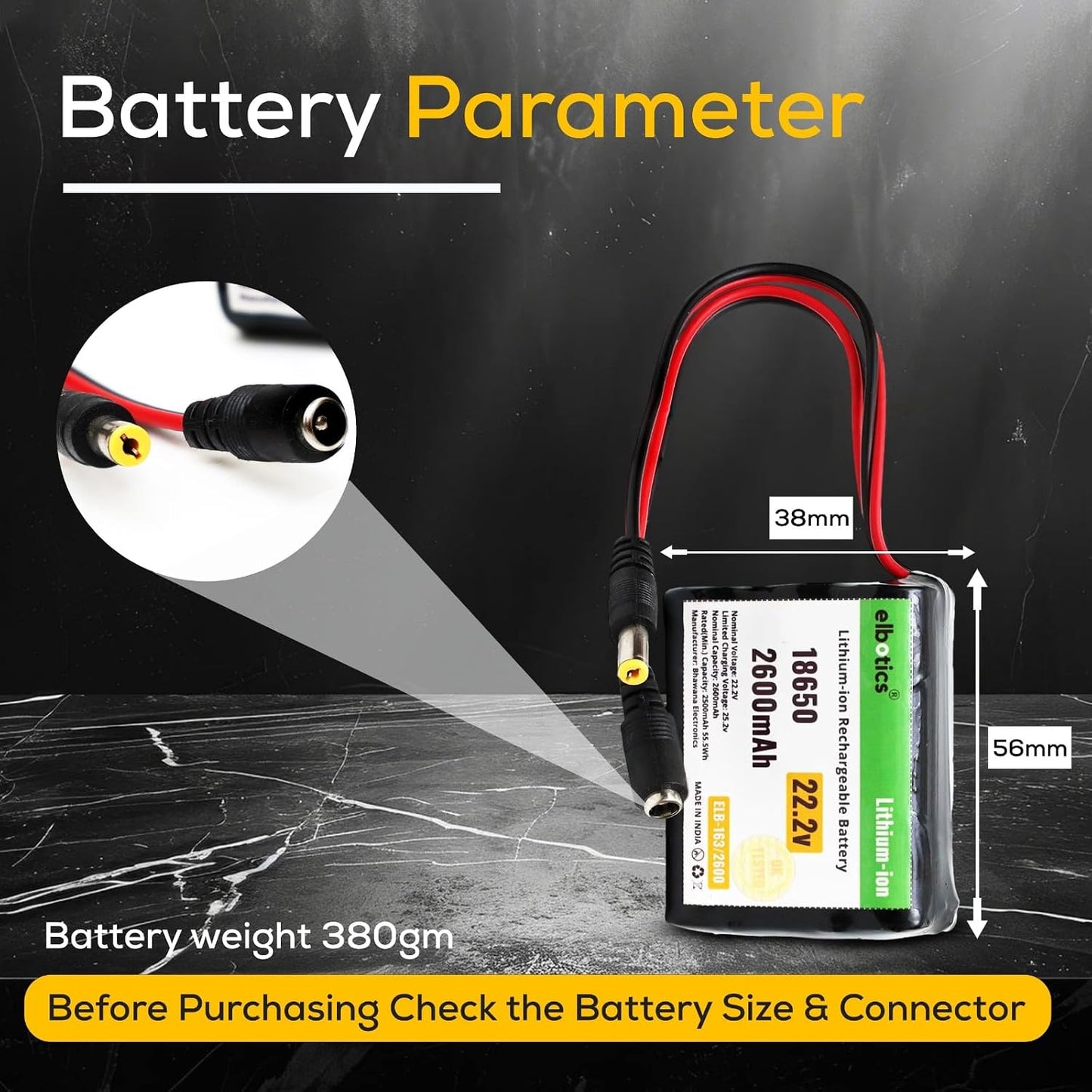 ELBOTICS 22.2V 2600mAh Li-ion Rechargeable Battery Pack, 25.2V Full Charge, 18650 Battery with DC5521 Connector for Robotics, RC Cars, LED Strips, CCTV & DIY Electronics