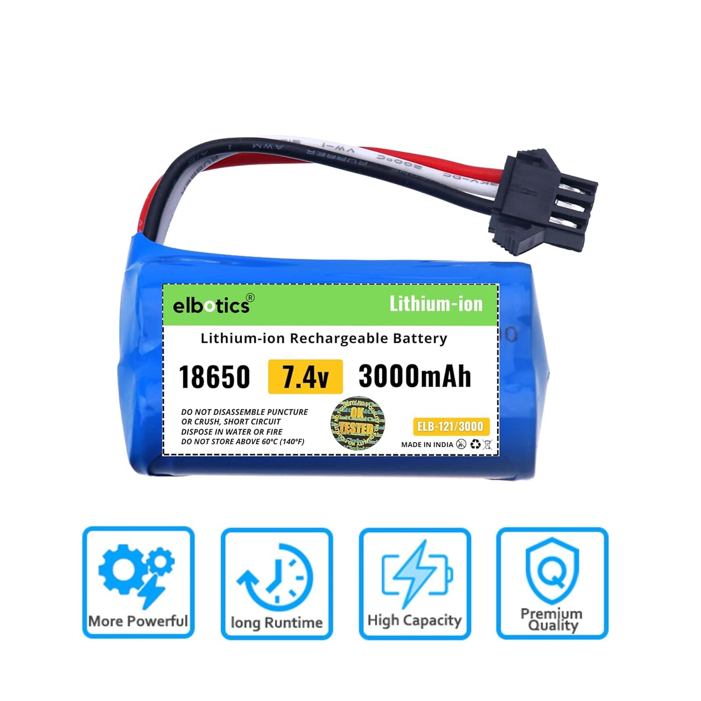 ELBOTICS 7.4V 3000mAh 2S Li-ion Rechargeable Battery with SM-3P Plug & USB Charger for RC Tank, Gesture RC Car & Stunt Cars