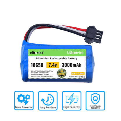 ELBOTICS 7.4V 3000mAh 2S Li-ion Rechargeable Battery with SM-3P Plug & USB Charger for RC Tank, Gesture RC Car & Stunt Cars