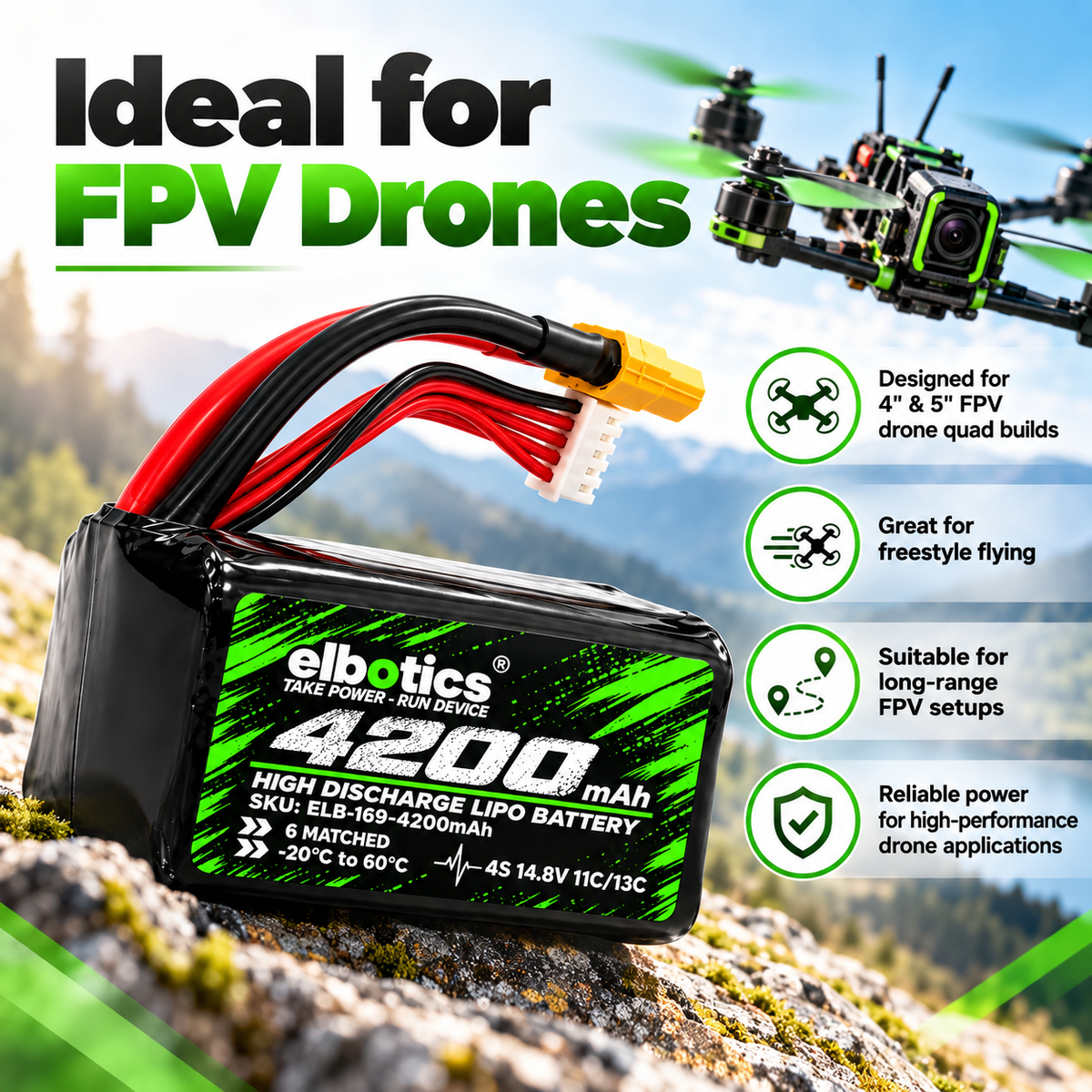 ELBOTICS 14.8V 4200mAh 4S1P Li-ion FPV Drone Battery Pack | Molicel P42A Cells, 11C High Discharge, XT60 Connector for 4 & 5 Inch Drones