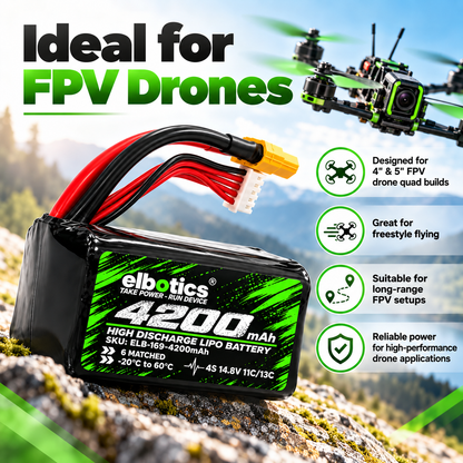 ELBOTICS 14.8V 4200mAh 4S1P Li-ion FPV Drone Battery Pack | Molicel P42A Cells, 11C High Discharge, XT60 Connector for 4 & 5 Inch Drones