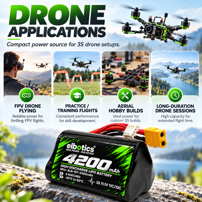 ELBOTICS 11.1V 4200mAh 3S1P Li-ion Drone Battery Pack | Molicel P42A Cells | 11C High Discharge | XT60 Connector for FPV Drones & UAVs