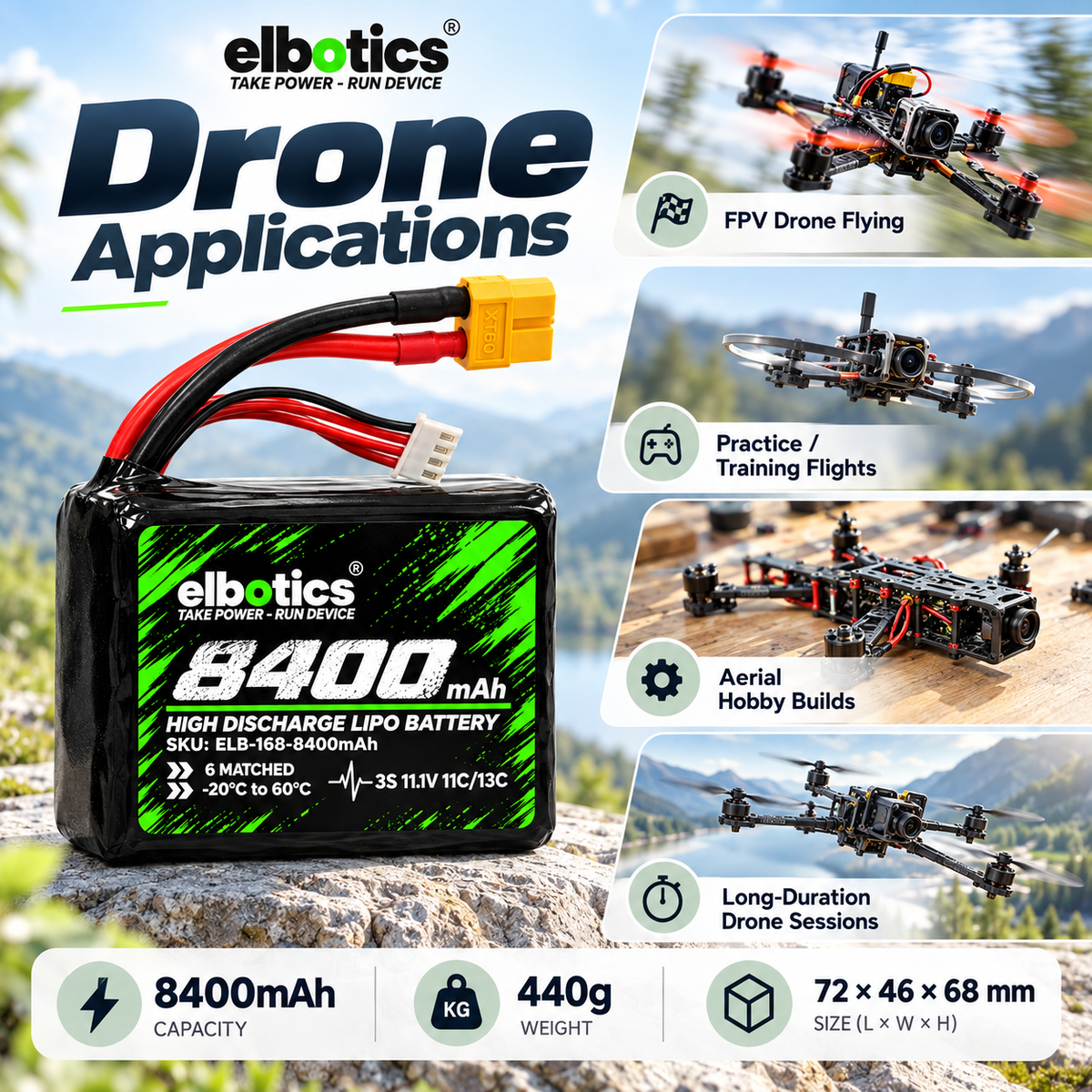 ELBOTICS 11.1V 8400mAh Li-ion Drone Battery Pack | Molicel P42A Cells | 11C High Discharge | XT60 Connector for FPV Drones & UAVs