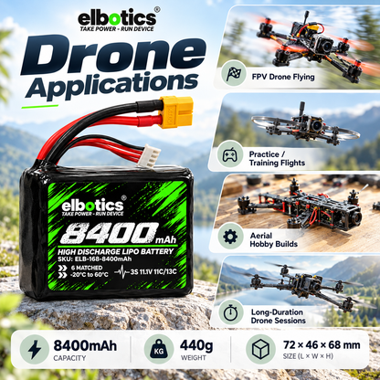 ELBOTICS 11.1V 8400mAh Li-ion Drone Battery Pack | Molicel P42A Cells | 11C High Discharge | XT60 Connector for FPV Drones & UAVs