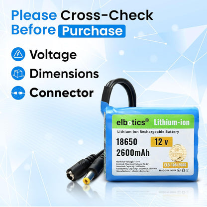 ELBOTICS 12V 2600mAh 3S 18650 Li-ion Rechargeable Battery Pack (11.1V–12.6V) for IoT Devices, Robotics, Bluetooth Speakers & DIY Electronics