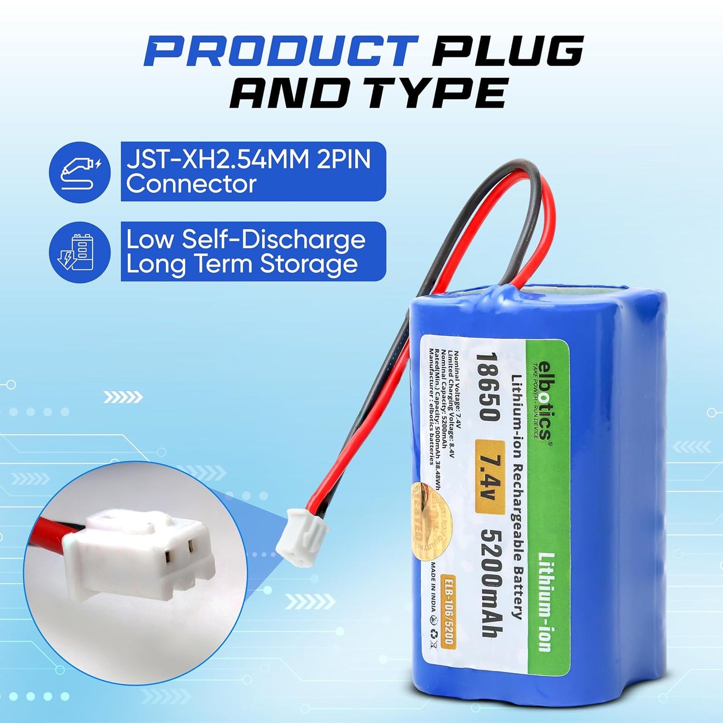 ELBOTICS 7.4V 5200mAh Li-ion Rechargeable Battery Pack with JST XH2.54 2-Pin Connector for RC Cars, RC Boats, RC Helicopters, Toys & Electronics