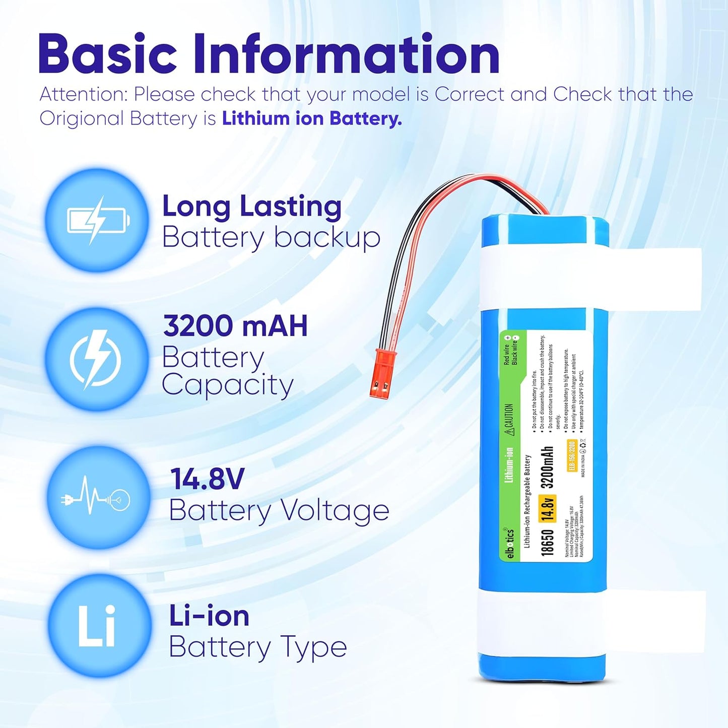 ELBOTICS 14.8V 3200mAh Li-ion Replacement Battery for ILIFE V3s Pro, V5s Pro, V50, V8s, X750 & V40 Robot Vacuum Cleaner