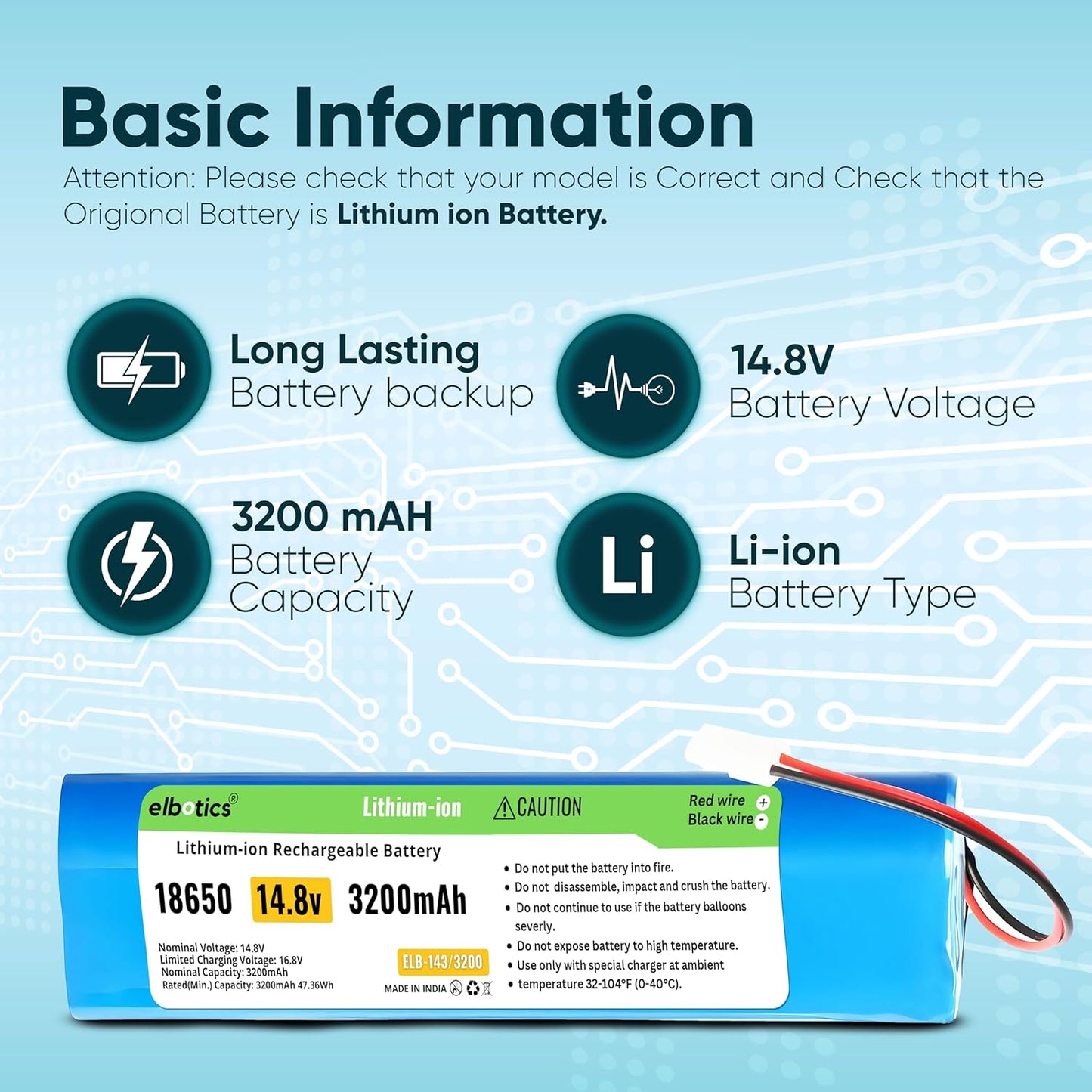 ELBOTICS 14.4V 3200mAh 47.36Wh Li-ion Replacement Battery Compatible with Milagrow i Map 9 Qihoo 360 S6, 360 S8 & 360 S8 Plus Robot Vacuum and Mop Cleaner