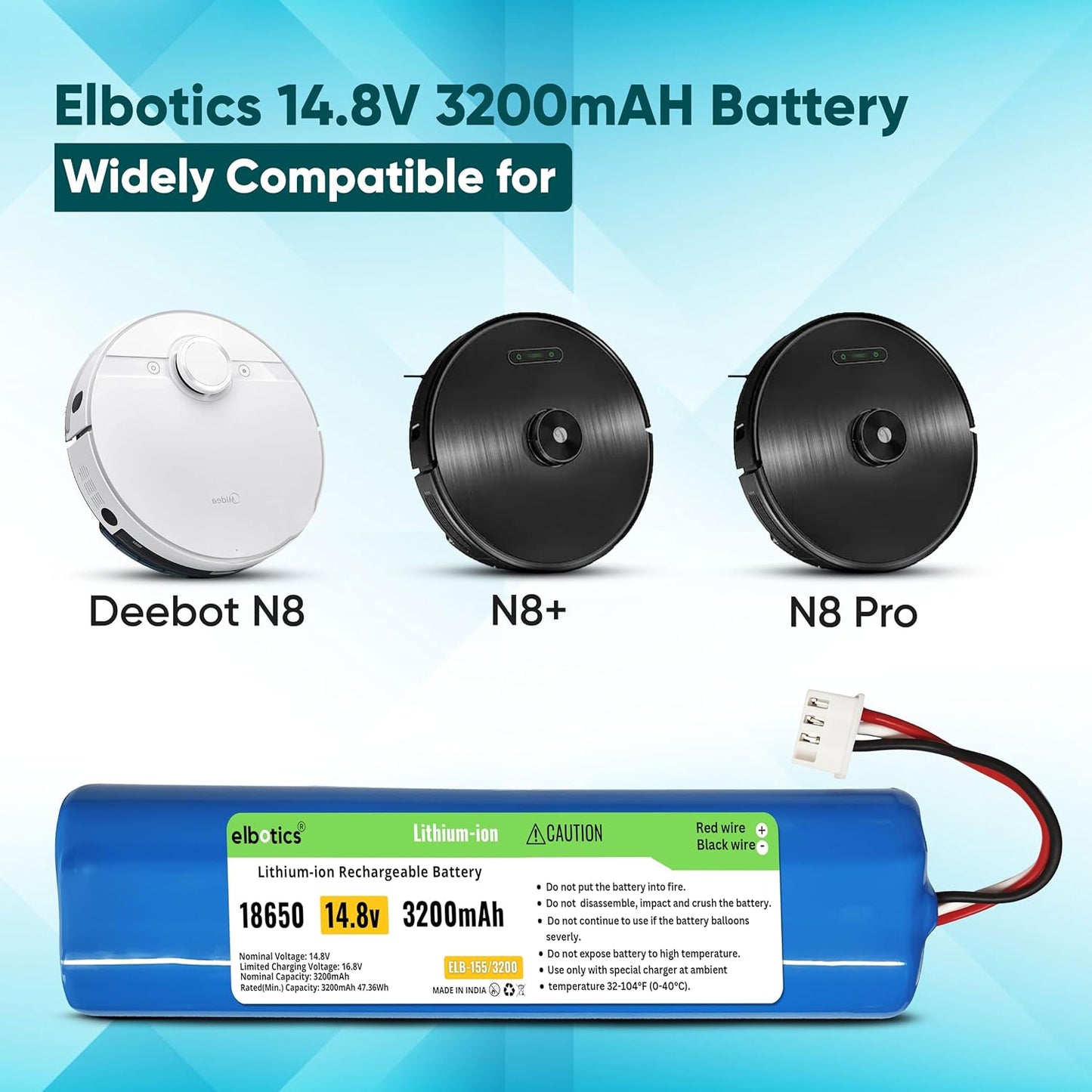 ELBOTICS 14.8V 3200mAh Li-ion Replacement Battery for Ecovacs Deebot N8, N8 Pro, Ozmo 900, 901, 905, 920, 930 & 937
